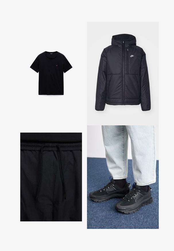 Svart, polstret Nike-jakke med frontglidelås og hette. Har en hvit logo på venstre bryst og doble frontlommer. Glatt ytterside.; Svart bomulls-T-skjorte med rund hals, korte ermer og liten logo på brystet. Myk tekstur og avslappet passform.; Sorte shorts med snor i livet, lett stoff med en jevn tekstur, og et enkelt design uten synlige logoer eller mønstre.; Svarte sportssko med teksturert stoff og gummisåler, med elastiske lisser og en blå detalj på hælen. Brukt med lyse denimbukser.