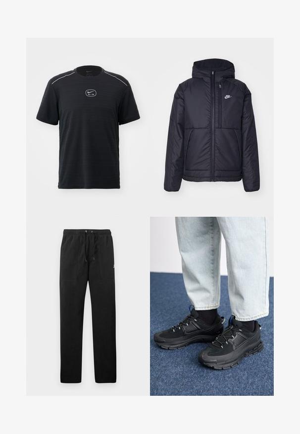 Juodas, paminkštintas Nike džemperis su priekyje užtrauktuku ir gobtuvu. Pasižymi balta logo kairėje krūtinės pusėje ir dviem priekinėmis kišenėmis. Su lygiu išoriniu paviršiumi.; Nike Sportswear AIR RUN TEE - Marškinėliai su spaudiniu - black; Juodos vilnonės kelnės su elastiniu juosmeniu ir raišteliais, dviem priekinėmis kišenėmis ir maža slogo ant šlaunies.; Juodi sportiniai bateliai su tekstūruota medžiaga ir guminiais padais, su elastingomis raišteliais ir mėlynu akcentu ant kulno. Dėvimi su šviesiai mėlynomis džinsinėmis kelnėmis.