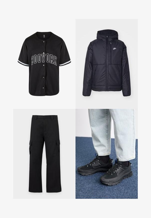 Fekete, párnázott Nike dzseki elülső cipzárral és kapucnival. A bal mellen fehér logó található, valamint két elülső zseb. Simának tűnő külső felület.; Fekete, rövid ujjú póló gombos záródással, a "ZOOYORK" felirat fehér, vastag betűkkel nyomtatva, kontrasztos fehér csíkokkal az ujjakon.; Fekete cargo nadrág egyenes szárú kialakítással. Tartós anyagból készült, két oldalzsebbel, tépőzáras fedéllel és gombos zipzárral.; Fekete sportcipők texturált anyaggal és gumitalppal, elasztikus fűzőkkel és kék kiegészítővel a saroknál. Világos farmernadrággal viselve.