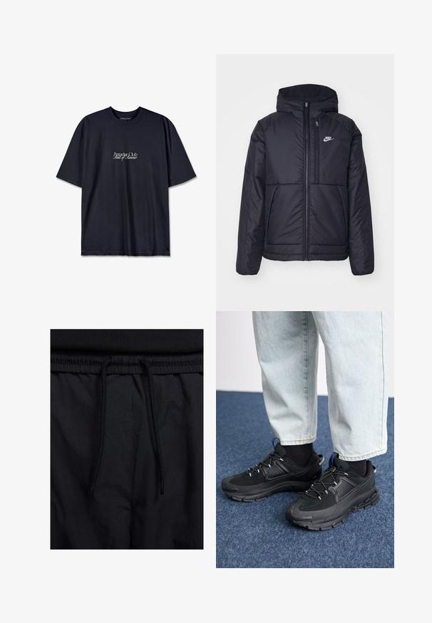 Svart, vadderad Nike-jacka med dragkedja framtill och huva. Har en vit logotyp på vänster bröst och dubbla framfickor. Slät yttextur.; Svart bomullströja med rund halsringning, som har en vit tryckt logotyp "Pescador Club" och "Scent of Summer" på framsidan. Korta ärmar.; Svarta shorts med dragsko i midjan, lättviktig tyg med en slät yta och en enkel design utan synliga logotyper eller mönster.; Svarta sportskor med texturerat tyg och gummisulor, med elastiska snörningar och en blå detalj på hälen. Bärs med ljusa jeans.
