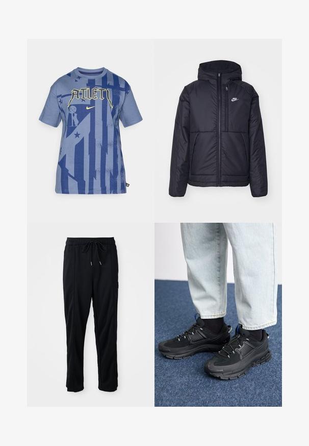 Black, padded Nike jacket with a front zipper and hood. Features a white logo on the left chest and dual front pockets. Smooth exterior texture.; Blue cotton T-shirt featuring a graphic design with yellow "ATLET" text, navy accents, and patterns of stars and geometric shapes.; Black drawstring waist casual pants with side seam pockets and straight leg cut on a plain background.; Black athletic shoes with textured fabric and rubber soles, featuring elastic laces and a blue accent on the heel. Worn with light denim pants.