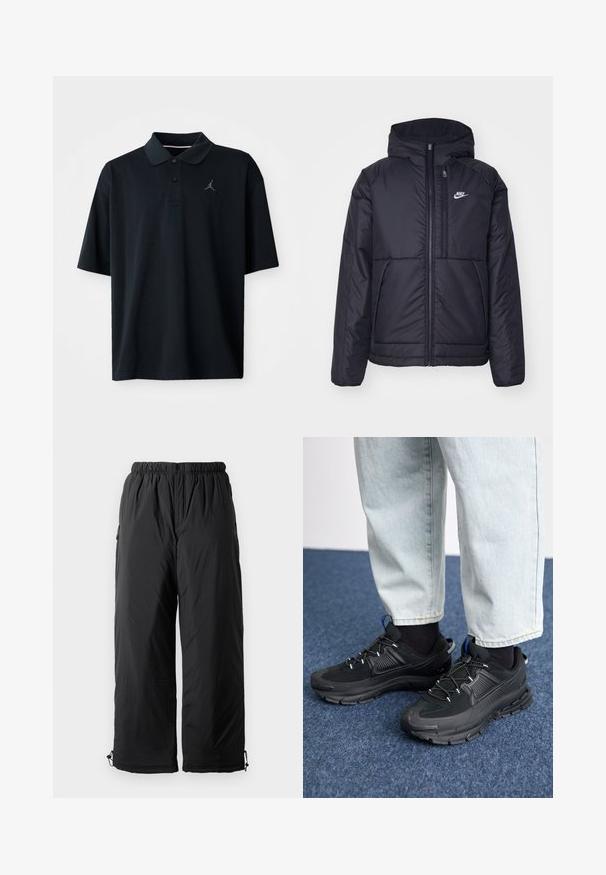 Melna, pufota Nike jaka ar priekšējo rāvējslēdzēju un kapuci. Iezīmēta ar baltu logotipu uz kreisās krūtis un divām priekšējām kabatām. Gluda ārējā tekstūra.; Melns polo krekls, izgatavots no gludas auduma, ar apkakli, īsām piedurknēm un nelielu pelēku Jordan logotipu izšūtu kreisajā krūtīs.; Melni izolēti bikses ar elastīgu jostasvīru, ar sānu kabatām un regulējamiem manšetes galiem. Gluda auduma ar nedaudz spīdīgu apdari.; Melni sporta apavi ar strukturētu audumu un gumijas zoli, ar elastīgām auklām un zilu akcentu uz papēža. Nēsāti ar gaišām džinsu biksēm.