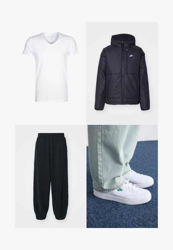 Μαύρο, επενδυμένο μπουφάν Nike με μπροστινό φερμουάρ και κουκούλα. Διαθέτει λευκό λογότυπο στο αριστερό στήθος και διπλές μπροστινές τσέπες. Λείο εξωτερικό υλικό.; Λευκό T-shirt με V λαιμόκοψη από μαλακό βαμβάκι. Κοντά μανίκια, χαλαρή εφαρμογή και ελάχιστες ραφές. Χωρίς σχέδια ή γραφικά.; Μαύρες, φόρμες με ελαστική μέση και χαλαρή εφαρμογή, με ρεβέρ στους αστραγάλους, λεία υφή και χωρίς ορατά μοτίβα ή αξεσουάρ.; Λευκά δερμάτινα sneakers με πράσινο λογότυπο Nike, στρογγυλή μύτη, επίπεδη σόλα, συνδυασμένα με ανοιχτό μπλε τζην παντελόνι, τοποθετημένα σε μπλε χαλί.