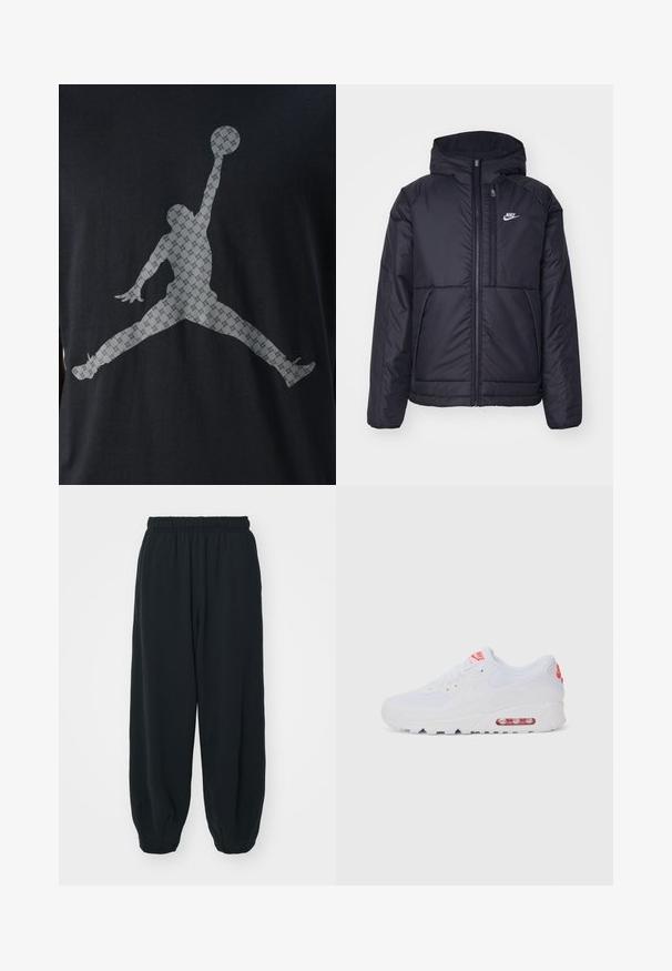 Chaqueta acolchada negra de Nike con cremallera frontal y capucha. Presenta un logo blanco en el lado izquierdo del pecho y dos bolsillos frontales. Textura exterior suave.; Camiseta negra con una gran silueta gris de una figura saltando y sosteniendo un balón de baloncesto, con un patrón texturizado en todo el diseño.; Pantalones de chándal negros con cintura elástica, de corte holgado, con puños en los tobillos, textura suave y sin patrones visibles ni acentos metálicos.; Zapatilla deportiva blanca con una parte superior lisa, cierre de cordones, suela acolchada y una unidad de aire visible con acentos rojos en la marca.