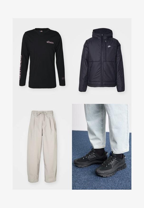 Crna Nike jakna s podstavom, dugmadi sprijeda i kapuljačom. Ima bijeli logotip na lijevoj strani prsnog koša i dva prednja džepa. Glatka vanjska tekstura.; Ellesse QUINZANO - Top dugih rukava - black; Bež hlače od laganog materijala s elastičnim pojasom i vezicom. Imaju nabore i širok kroj, izrađene od mekanog, glatkog materijala.; Crne atletske cipele s teksturiranom tkaninom i gumene potplate, s elastičnim vezicama i plavim akcentom na peti. Nosene su s svijetlim trapericama.
