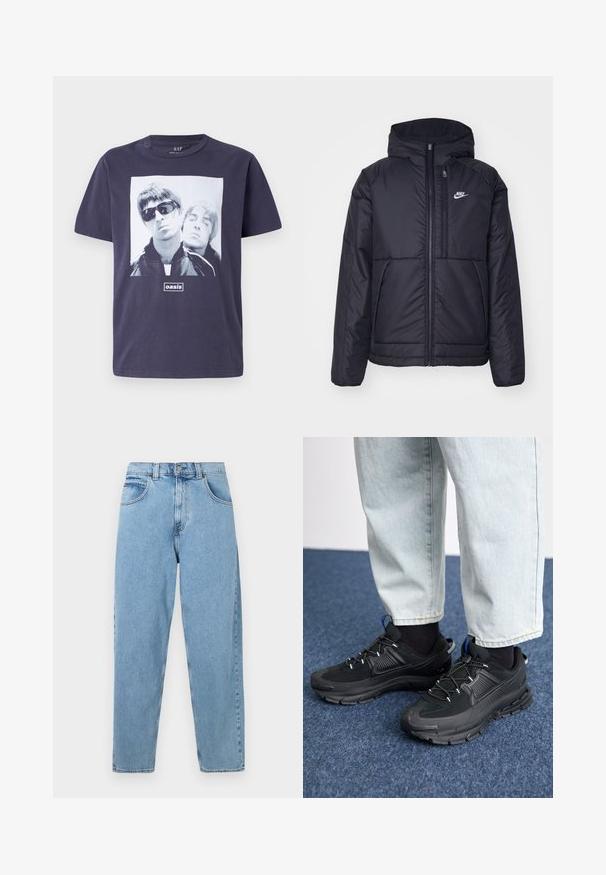 Chaqueta acolchada negra de Nike con cremallera frontal y capucha. Presenta un logo blanco en el lado izquierdo del pecho y dos bolsillos frontales. Textura exterior suave.; Camiseta de algodón azul marino con una gran impresión gráfica de dos figuras masculinas. El texto "oasis" está centrado debajo de la imagen. Mangas cortas, cuello redondo.; Jeans de tiro alto rectos de color azul claro, con bolsillos delanteros, trabillas para cinturón y cierre de botón y cremallera.; Zapatillas deportivas negras con tejido texturizado y suelas de goma, con cordones elásticos y un acento azul en el talón. Combinadas con pantalones de mezclilla claros.