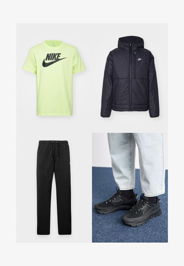 Black, padded Nike jacket with a front zipper and hood. Features a white logo on the left chest and dual front pockets. Smooth exterior texture.; Light green cotton T-shirt featuring a large black Nike logo on the front. Round neckline and short sleeves, with a soft texture.; Black sweatpants made of fleece, featuring an elastic waistband with drawstrings, two front pockets, and a small logo on the thigh.; Black athletic shoes with textured fabric and rubber soles, featuring elastic laces and a blue accent on the heel. Worn with light denim pants.