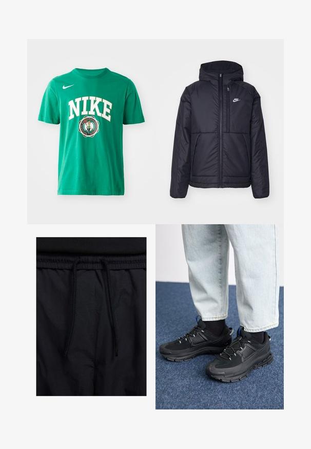 Veste Nike noire rembourrée avec une fermeture éclair sur le devant et une capuche. Elle présente un logo blanc sur la poitrine gauche et deux poches avant. Texture extérieure lisse.; T-shirt en coton vert avec un grand logo « NIKE » blanc et un graphique des Boston Celtics. Col rond, manches courtes, coupe standard, texture lisse.; Shorts noirs avec un élastique à cordon de serrage, en tissu léger avec une texture lisse, et un design simple sans logos ni motifs visibles.; Des chaussures de sport noires avec un tissu texturé et des semelles en caoutchouc, dotées de lacets élastiques et d'un accent bleu au talon. Portées avec un pantalon en denim clair.
