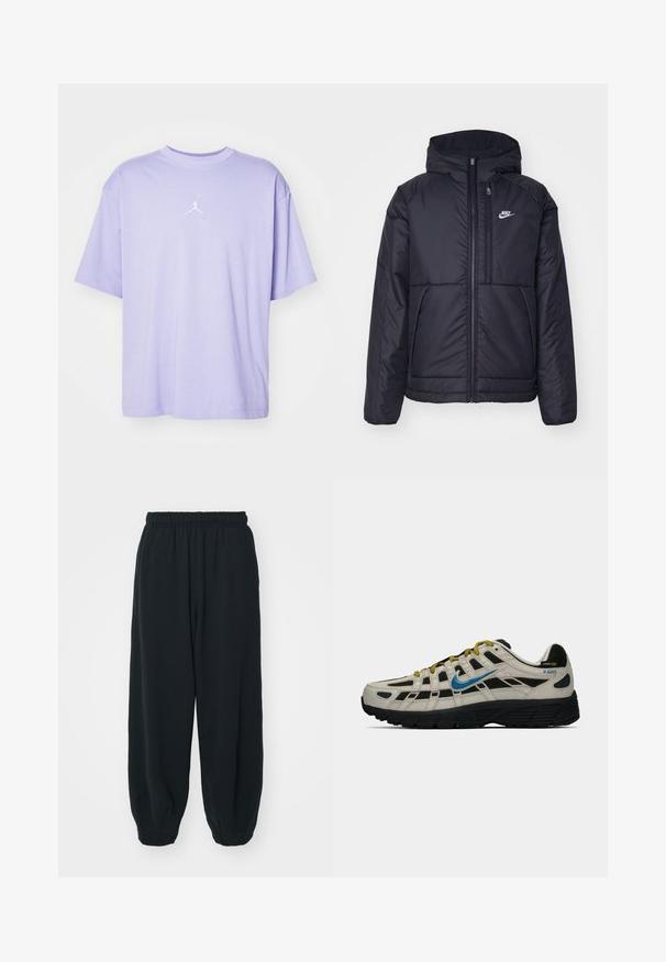 Μαύρο, επενδυμένο μπουφάν Nike με μπροστινό φερμουάρ και κουκούλα. Διαθέτει λευκό λογότυπο στο αριστερό στήθος και διπλές μπροστινές τσέπες. Λείο εξωτερικό υλικό.; T-shirt κοντομάνικος σε λεβάντα, φτιαγμένος από μαλακό βαμβάκι. Διαθέτει λευκό κεντημένο λογότυπο Jordan στο στήθος και κλασικό λαιμόκοψη.; Μαύρες, φόρμες με ελαστική μέση και χαλαρή εφαρμογή, με ρεβέρ στους αστραγάλους, λεία υφή και χωρίς ορατά μοτίβα ή αξεσουάρ.; Μπεζ και μαύρα sneakers Nike P-6000 με μπλέ σουέτ, κίτρινες κορδόνες, μαύρη σόλα και ετικέτα από ύφασμα Cordura στην φτέρνα.