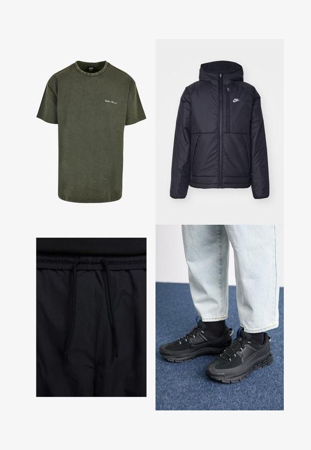 Fekete, párnázott Nike dzseki elülső cipzárral és kapucnival. A bal mellen fehér logó található, valamint két elülső zseb. Simának tűnő külső felület.; Olíva zöld pamut póló, rövid ujjú, kerek nyakkivágással és diszkrét kopott textúrával. A mellkason fehér "Urban Classics" hímzés található.; Fekete rövidnadrág, húzózsinórral ellátott derékrésszel, könnyű anyagból, sima felszínen, egyszerű dizájnnal, látható logók vagy minták nélkül.; Fekete sportcipők texturált anyaggal és gumitalppal, elasztikus fűzőkkel és kék kiegészítővel a saroknál. Világos farmernadrággal viselve.