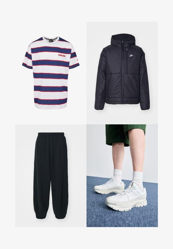 Fekete, párnázott Nike dzseki elülső cipzárral és kapucnival. A bal mellen fehér logó található, valamint két elülső zseb. Simának tűnő külső felület.; Csíkos póló vízszintes kék, piros és fehér csíkokkal, kerek nyakkivágással, rövid ujjakkal, és egy kicsi, piros "STARTER" logóval a mellkason.; Fekete, rugalmas derékpántos melegítőnadrág, laza fit, véget érő szárakkal, sima textúrával, látható minták vagy hardver díszek nélkül.; Fehér sportcipők texturált burkolattal, vastag talppal és szürke részletekkel. Fehér sportzoknival és zöld rövidnadrággal viselve, kék felületen.