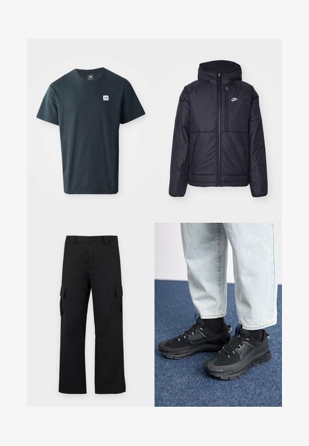 Black, padded Nike jacket with a front zipper and hood. Features a white logo on the left chest and dual front pockets. Smooth exterior texture.; Dark gray cotton t-shirt featuring a crew neck design. Includes a small blue and white rectangular logo label on the left chest.; Black cargo pants with a straight leg design. Made from durable fabric, featuring two side pockets with flap closures and a button fly.; Black athletic shoes with textured fabric and rubber soles, featuring elastic laces and a blue accent on the heel. Worn with light denim pants.