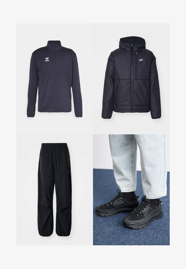 Svart, vadderad Nike-jacka med dragkedja framtill och huva. Har en vit logotyp på vänster bröst och dubbla framfickor. Slät yttextur.; Marinblå kvartdragspullover i slätt, lättviktigt material. Har långa ärmar och en vit logotyp på bröstet för kontrast.; Svarta lätta cargobyxor med elastisk midja, sidoklaffar och rymliga fickor. Har en lös passform och smalnande benslut.; Svarta sportskor med texturerat tyg och gummisulor, med elastiska snörningar och en blå detalj på hälen. Bärs med ljusa jeans.