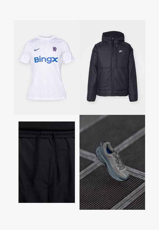 Jachetă Nike neagră, căptușită, cu fermoar pe față și glugă. Prezintă un logo alb pe pieptul stâng și două buzunare frontale. Textură exterioară netedă.; Tricou sportiv alb dintr-un material ușor. Prezintă un logo albastru "Bingx" și un blazon colorat. Litere texturate subtil în fundal.; Șorturi negre cu un brâu reglabil, dintr-un material ușor cu o textură netedă și un design simplu, fără logo-uri sau modele vizibile.; Încălțăminte sportivă bej și gri cu parte superioară din plasă texturată, vârf rotund și talpă din cauciuc, având șireturi și un guler căptușit.