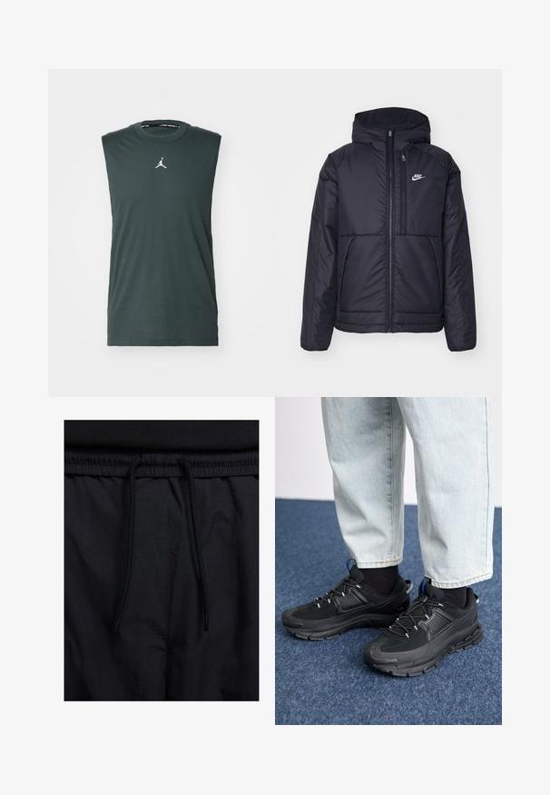 Giacca Nike nera, imbottita, con zip frontale e cappuccio. Presenta un logo bianco sul lato sinistro del petto e doppie tasche frontali. Texture esterna liscia.; Canottiera senza maniche di colore verde scuro, realizzata in cotone, con scollatura rotonda e logo Jordan bianco sul petto.; Shorts neri con vita regolabile tramite coulisse, tessuto leggero con una texture liscia e un design semplice senza loghi o motivi visibili.; Scarpe sportive nere con tessuto testurizzato e suole in gomma, dotate di lacci elastici e un accento blu sul tallone. Indossate con pantaloni in denim chiaro.