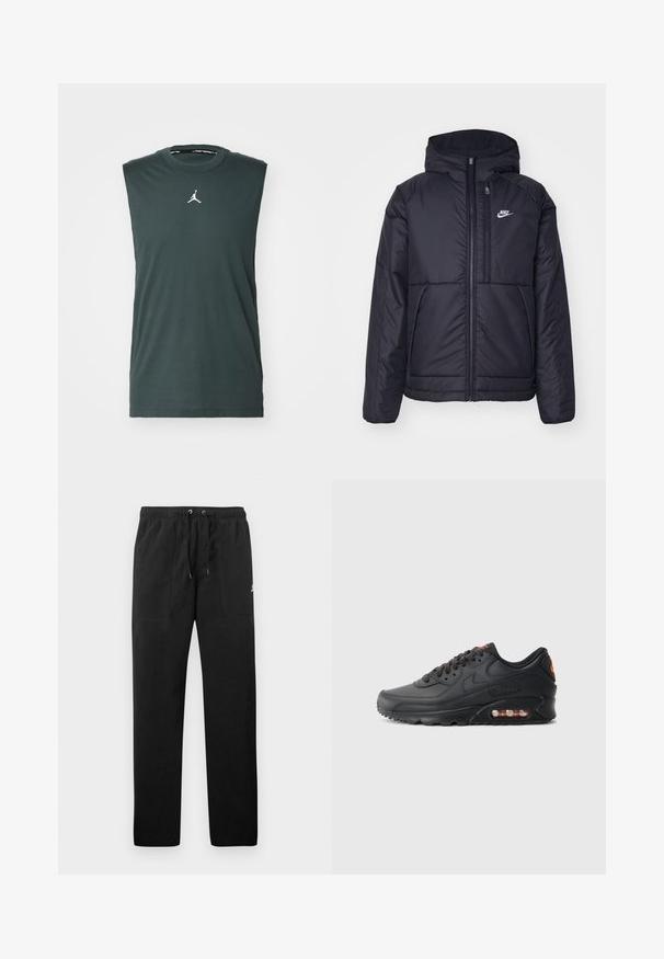 Must musta Nike jope, millel on ees lukuga avamine ja kapuuts. Vasakpoolne rind on kaunistatud valge logoga ning ees on kaks taskut. Sile välimine tekstuur.; Kätseteta tume roheline t-särk, mis on valmistatud puuvillast, ümmarguse kaelusega ja valge Jordan'i logoga rinna piirkonnas.; Mustad fliisist sportpüksid, millel on elastne vöö ja paelad, kaks esi-taskut ning väike logo reie peal.; Nike Air Max 90 tossud, millel on must sünteetiline ülaosa, tekstureeritud viimistlus, paeltega esiosa, nähtav õhuüksus ja oranž lisamärk.