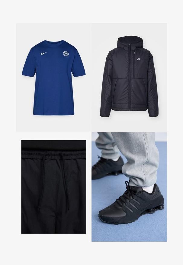 Casaco Nike preto, acolchoado, com fecho à frente e capuz. Apresenta um logo branco no lado esquerdo do peito e dois bolsos frontais. Textura exterior lisa.; T-shirt de algodão azul de manga curta com gola redonda, apresentando um logo branco da Nike no ombro e um emblema redondo do clube no peito.; Calções pretos com um cós elástico ajustável, fabricados em tecido leve com uma textura suave e um design simples, sem logótipos ou padrões visíveis.; Pessoa vestindo tênis Nike Shox pretos e calças de moletom cinzas, de pé em um tapete azul claro.