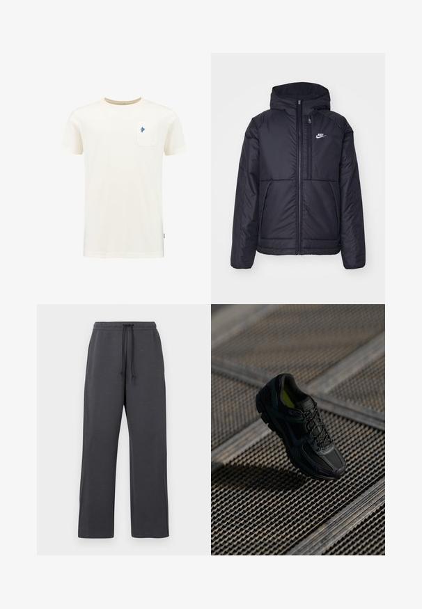 Černá zateplená bunda Nike s předním zipem a kapucí. Na levé straně hrudi má bílé logo a dvojité přední kapsy. Hladký povrch.; Bílé krátké tričko z bavlny s modrou vyšitou grafikou na levé náprsní kapse. Kulatý výstřih, klasický střih.; Šedé tepláky s elastickým pasem na stažení, vyrobené z měkké látky. Široké nohavice s bočními švy, minimální zdobení a žádné viditelné vzory.; Černá sportovní obuv s vrchní částí z jemné síťoviny a syntetického materiálu, texturovaným povrchem, polstrovanou podrážkou a šňůrkami. Živé žluté akcenty uvnitř.