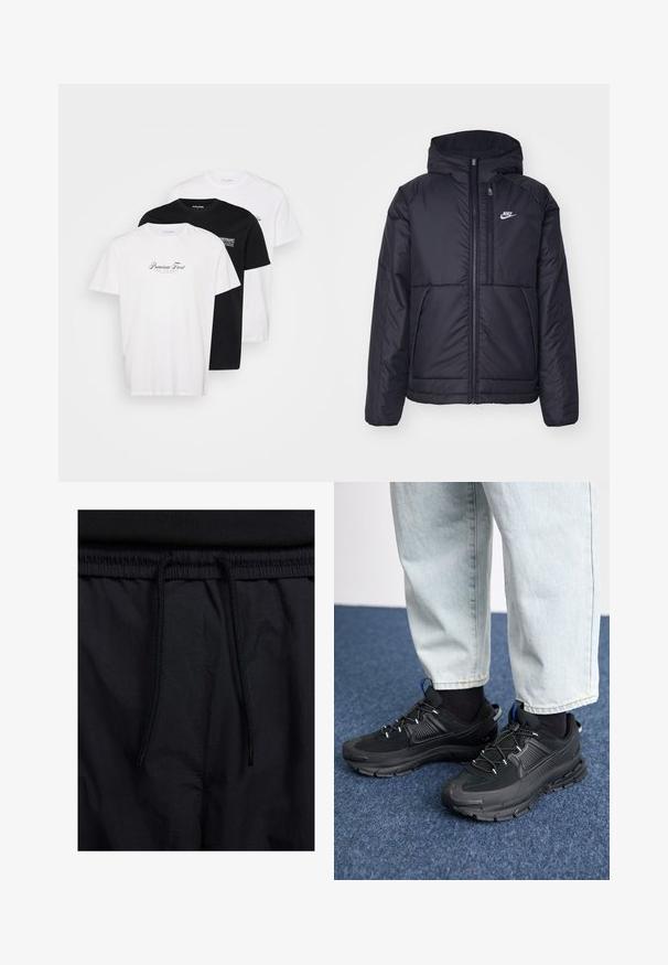 Black, padded Nike jacket with a front zipper and hood. Features a white logo on the left chest and dual front pockets. Smooth exterior texture.; Three t-shirts in a pack, featuring two white and one black. Cotton material, crew neckline, short sleeves, with printed text on front.; Black shorts featuring a drawstring waistband, lightweight fabric with a smooth texture, and a simple design without visible logos or patterns.; Black athletic shoes with textured fabric and rubber soles, featuring elastic laces and a blue accent on the heel. Worn with light denim pants.