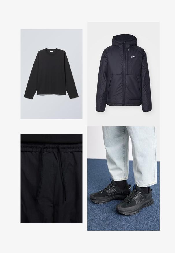 Juodas, paminkštintas Nike džemperis su priekyje užtrauktuku ir gobtuvu. Pasižymi balta logo kairėje krūtinės pusėje ir dviem priekinėmis kišenėmis. Su lygiu išoriniu paviršiumi.; Juodas ilgo rankovės marškinėlis, pagamintas iš minkštos medžiagos. Sukurtas su apvaliu kaklu ir laisvu siluetu. Siūlių detalės ant pečių, minimalus dizainas.; Juodos šortai su raišteliu juosmens srityje, lengva medžiaga su lygiu paviršiumi ir paprastas dizainas be matomų logotipų ar raštų.; Juodi sportiniai bateliai su tekstūruota medžiaga ir guminiais padais, su elastingomis raišteliais ir mėlynu akcentu ant kulno. Dėvimi su šviesiai mėlynomis džinsinėmis kelnėmis.