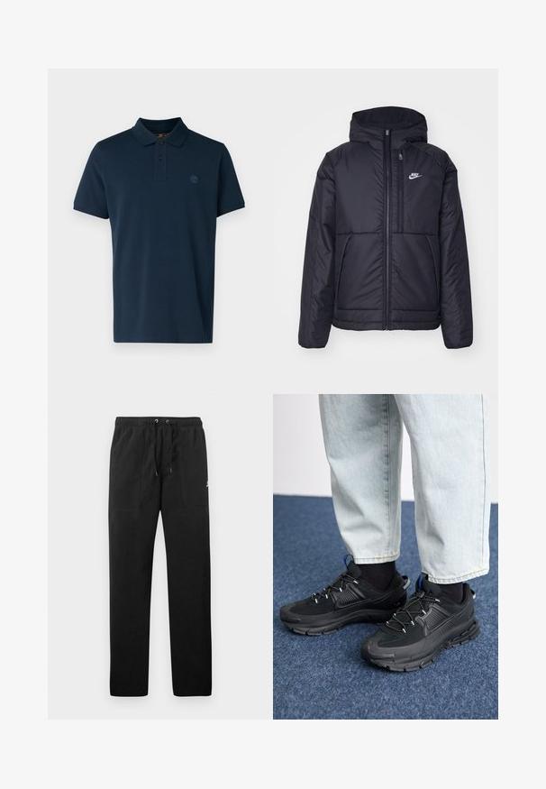 Fekete, párnázott Nike dzseki elülső cipzárral és kapucnival. A bal mellen fehér logó található, valamint két elülső zseb. Simának tűnő külső felület.; Tengerészkék pólóing pamutból, nyakkal, három gombos légkörrel és egy kis logóval a mellrészen. Rövid ujjú.; Fekete, bolyhos anyagú melegítők, elasztikus derékkal és húzózsinórral, két elülső zsebbel és egy kisméretű logóval a combján.; Fekete sportcipők texturált anyaggal és gumitalppal, elasztikus fűzőkkel és kék kiegészítővel a saroknál. Világos farmernadrággal viselve.