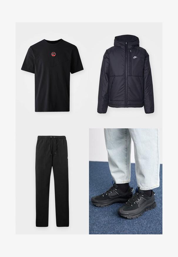 Juodas, paminkštintas Nike džemperis su priekyje užtrauktuku ir gobtuvu. Pasižymi balta logo kairėje krūtinės pusėje ir dviem priekinėmis kišenėmis. Su lygiu išoriniu paviršiumi.; Juoda Nike marškinėliai su apykakle, trumpomis rankovėmis, šešiakampiu raudonu logotipu ant krūtinės ir tekstūruotu V formos dizainu priekyje.; Juodos vilnonės kelnės su elastiniu juosmeniu ir raišteliais, dviem priekinėmis kišenėmis ir maža slogo ant šlaunies.; Juodi sportiniai bateliai su tekstūruota medžiaga ir guminiais padais, su elastingomis raišteliais ir mėlynu akcentu ant kulno. Dėvimi su šviesiai mėlynomis džinsinėmis kelnėmis.