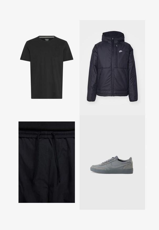 Svart, polstret Nike-jakke med frontglidelås og hette. Har en hvit logo på venstre bryst og doble frontlommer. Glatt ytterside.; Svart T-skjorte med korte ermer laget av bomull. Har rund hals og en liten lomme på venstre bryst. Glatt tekstur og enkelt design.; Sorte shorts med snor i livet, lett stoff med en jevn tekstur, og et enkelt design uten synlige logoer eller mønstre.; Grå mokkasins sneakers med en glatt skinn-overdel, med en teksturert gummi såle og klassisk snøring. Signatur swoosh-logo på siden.