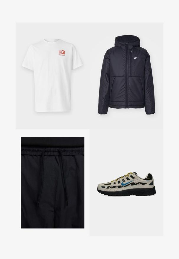Crna Nike jakna s podstavom, dugmadi sprijeda i kapuljačom. Ima bijeli logotip na lijevoj strani prsnog koša i dva prednja džepa. Glatka vanjska tekstura.; Bijela pamučna majica s crvenim grafičkim prikazom drveća i figure, sa logom "Columbia" ispod. Kratki rukavi i standardni dizajn s kružnim izrezom.; Crne kratke hlače s pojasom na vezanje, lagani materijal s glatkom teksturom i jednostavan dizajn bez vidljivih logotipa ili uzoraka.; Bež i crne Nike P-6000 tenisice s plavim swooshom, žutim čipkastim vezicama, crnim đonom i Cordura tkaninom na peti.