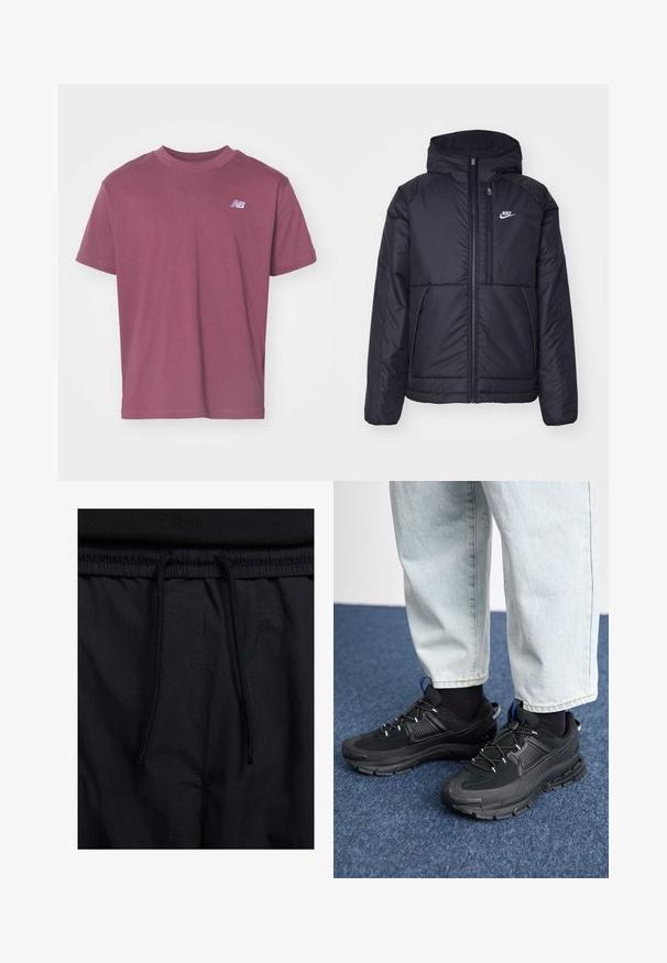 Black, padded Nike jacket with a front zipper and hood. Features a white logo on the left chest and dual front pockets. Smooth exterior texture.; Short-sleeve, crew-neck t-shirt in a deep plum color. Made from soft cotton with a small logo on the left chest. Smooth texture.; Black shorts featuring a drawstring waistband, lightweight fabric with a smooth texture, and a simple design without visible logos or patterns.; Black athletic shoes with textured fabric and rubber soles, featuring elastic laces and a blue accent on the heel. Worn with light denim pants.