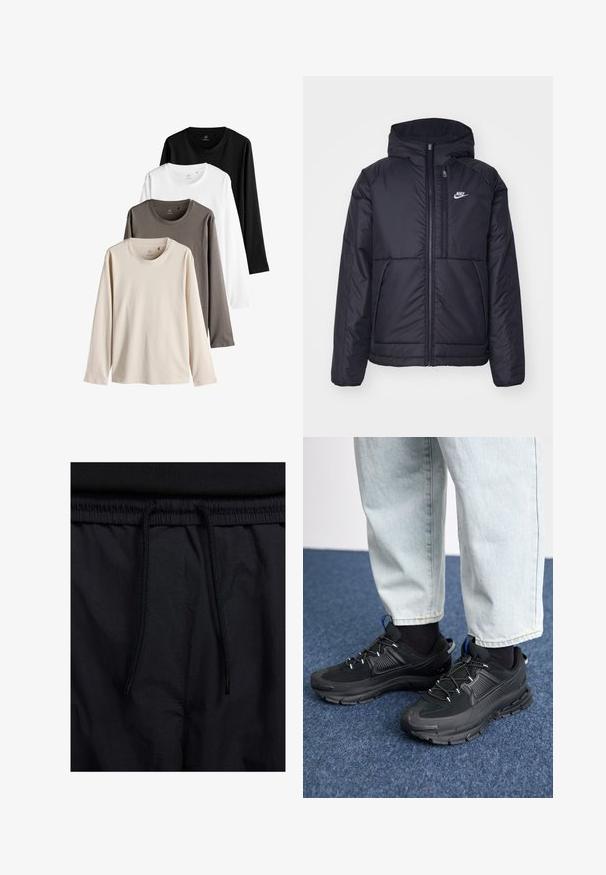 Černá zateplená bunda Nike s předním zipem a kapucí. Na levé straně hrudi má bílé logo a dvojité přední kapsy. Hladký povrch.; Čtyři košile s dlouhým rukávem v béžové, šedé, bílé a černé barvě. Každá má kulatý výstřih a jemnou, hladkou tkaninu.; Černé šortky s páskem na šňůrku, lehký materiál s hladkou texturou a jednoduchý design bez viditelných log nebo vzorů.; Černé sportovní boty s texturovanou tkaninou a gumovou podrážkou, s elastickými tkaničkami a modrým akcentem na patě. Nosí se s světlými džíny.