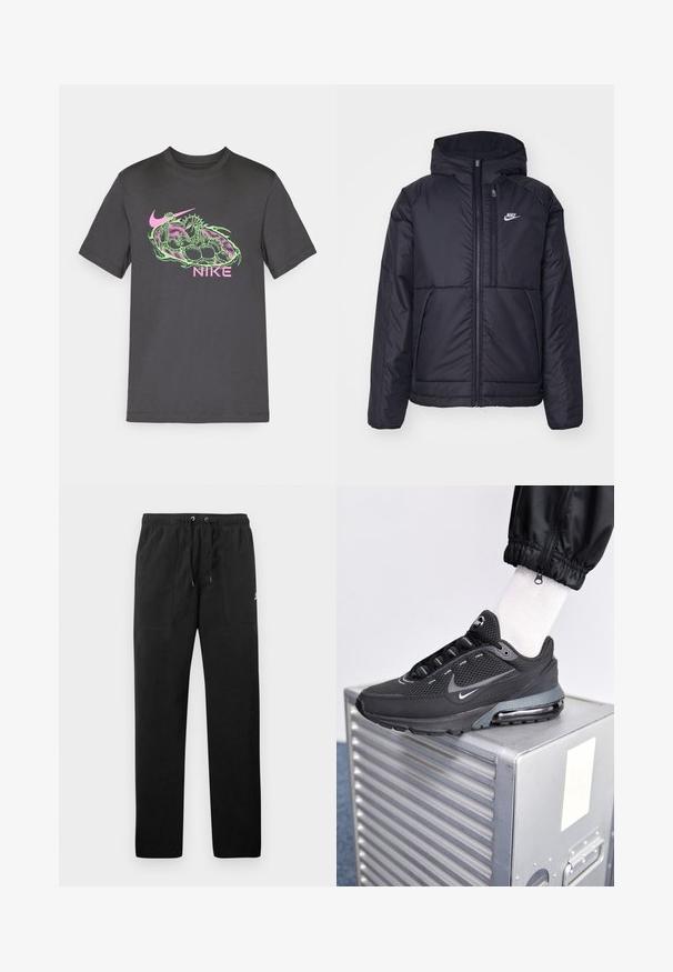 Zwarte, gewatteerde Nike-jas met een voorkant met ritssluiting en capuchon. Kenmerkt zich door een wit logo op de linkerborst en dubbele frontzakken. Gladde buitenkant.; Donkergrijze katoenen t-shirt met een levendig roze en groene grafisch ontwerp, inclusief het Nike-logo en een gedetailleerde illustratie.; Zwarte sweatpants van fleece, met een elastische tailleband met trekkoorden, twee voorzakken en een klein logo op de dij.; Nike Sportswear PULSE - Sneakers laag - black/anthracite