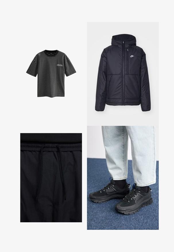 Sort, polstret Nike-jakke med frontlynlås og hætte. Har et hvidt logo på venstre bryst og to frontlommer. Glat ydre tekstur.; Sort og hvidstribet T-shirt med korte ærmer og rund hals. Har "Copenhagen" tekstdesign på fronten. Lavet af glat stof.; Sorte shorts med snoretræk i taljen, letvægtsstof med en glat tekstur og et simpelt design uden synlige logoer eller mønstre.; Sorte træningssko med tekstureret stof og gummisåler, udstyret med elastiske snørebånd og en blå detalje på hælen. Bæres med lyse denimbukser.