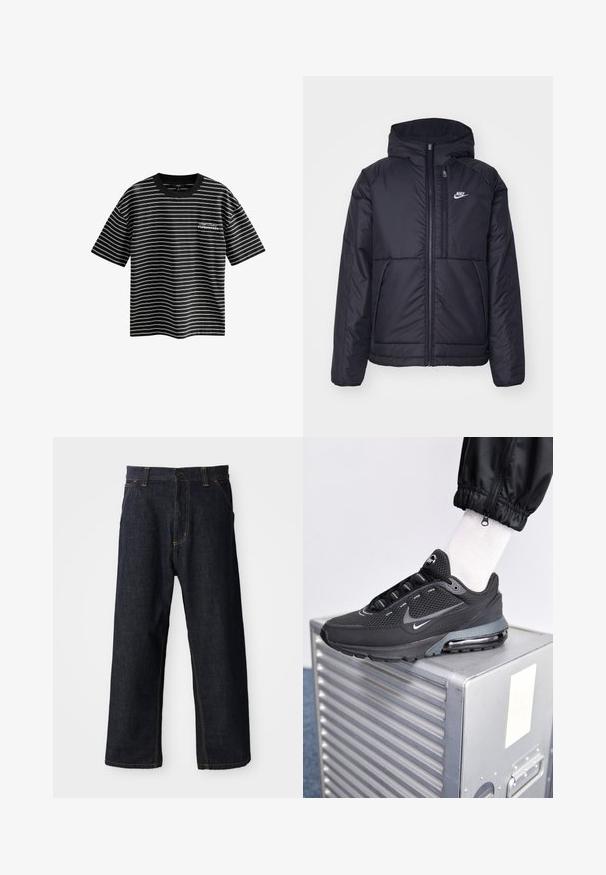 Czarna, pikowana kurtka Nike z przednim zamkiem błyskawicznym i kapturem. Posiada białe logo po lewej stronie klatki piersiowej oraz podwójne kieszenie z przodu. Gładka struktura zewnętrzna.; Czarny i biały koszulka w paski z krótkim rękawem i okrągłym dekoltem. Ma na froncie napis "Kopenhaga". Wykonana z gładkiego materiału.; Granatowe dżinsy o prostym kroju nogawek, z żółtymi przeszyciami, kieszeniami z przodu i zapięciem na guzik w talii.; Nike Sportswear PULSE czarny