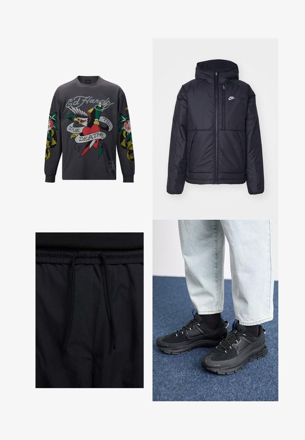 Černá zateplená bunda Nike s předním zipem a kapucí. Na levé straně hrudi má bílé logo a dvojité přední kapsy. Hladký povrch.; Ed Hardy TRUE-TILL-SNAKE LONG SLEEVE - Top s dlouhým rukávem - black; Černé šortky s páskem na šňůrku, lehký materiál s hladkou texturou a jednoduchý design bez viditelných log nebo vzorů.; Černé sportovní boty s texturovanou tkaninou a gumovou podrážkou, s elastickými tkaničkami a modrým akcentem na patě. Nosí se s světlými džíny.
