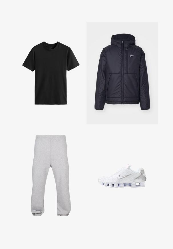 Črna, podložena Nike jakna z sprednjim zadrgo in kapuco. Ima bel logo na levem prsnem delu in dvojna sprednja žepa. Gladka zunanja tekstura.; Črna kratka majica s kratkimi rokavi in okroglo ovratnikom, izdelana iz bombaža. Gladka tekstura s pravim krojem, ki se ponaša s preprostim dizajnom brez vidnih vzorcev ali dodatkov.; Sive trenirke iz mešanice bombaža, z elastičnim pasom, zoženimi nogami in manšetami na robovih. Preprost dizajn brez vzorcev.; Bela športna obutev z teksturiranim zgornjim delom, srebrnim logotipom v obliki kljuka, mrežastimi paneli in značilnim razdeljenim belim podplatom.