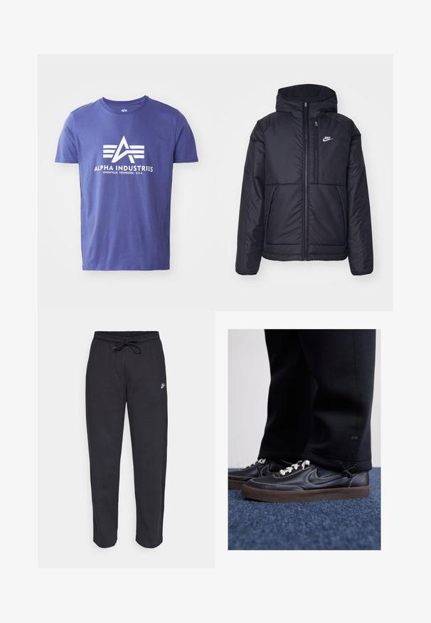 Juodas, paminkštintas Nike džemperis su priekyje užtrauktuku ir gobtuvu. Pasižymi balta logo kairėje krūtinės pusėje ir dviem priekinėmis kišenėmis. Su lygiu išoriniu paviršiumi.; Violet medvilninis marškinėliai trumpomis rankovėmis, su baltu logotipu, kuriame yra „ALPHA INDUSTRIES“ ir geometrinis dizainas.; Juodos sportinės kelnės, pagamintos iš minkštos medžiagos, su elastinga juostele, raišteliu ir mažuoju Nike logotipu kairiajame šlaunyje.; Nike Sportswear KILLSHOT 2 LTR PRM OPP2 - Sportbačiai - black sail baroque brown mtlc dk grey