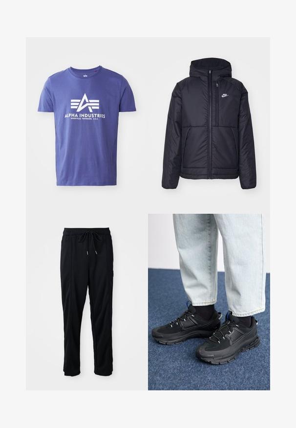 Must musta Nike jope, millel on ees lukuga avamine ja kapuuts. Vasakpoolne rind on kaunistatud valge logoga ning ees on kaks taskut. Sile välimine tekstuur.; Lilla puuvillane T-särk lühikeste varrukatega, millel on valge logo, mis sisaldab "ALPHA INDUSTRIES" ja geomeetrist disaini.; Mustad nööridega vööga igapäevased mustad püksid, külgseamipocketid ja sirge sääre lõikega, ühtlasel taustal.; Mustad mustad jooksukingad, millel on tekstureeritud kangas ja kummist tallad, elastsed nöörid ning sinine aksent kandadel. Kandmine heledate teksadega.