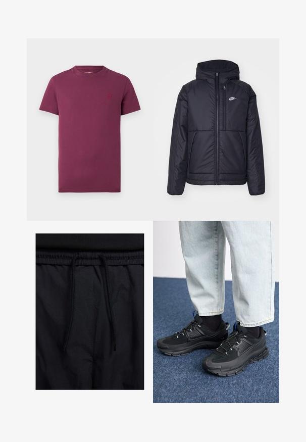 Črna, podložena Nike jakna z sprednjim zadrgo in kapuco. Ima bel logo na levem prsnem delu in dvojna sprednja žepa. Gladka zunanja tekstura.; Burgundska kratka majica z dolgimi rokavi iz bombaža, z okroglim izrezom in majhnim vezenim logotipom na levem prsnem delu. Gladka tekstura.; Črne kratke hlače z vrvico v pasu, lahkotna tkanina z gladko teksturo in preprosto zasnovo brez vidnih logotipov ali vzorcev.; Črne športne čevlje z teksturirano tkanino in gumijastimi podplati, ki imajo elastične vezalke ter modre poudarke na peti. Nosi se z lahkimi denim hlačami.