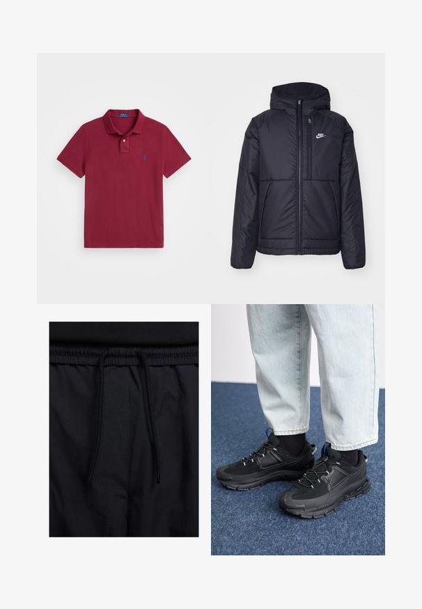 Casaco Nike preto, acolchoado, com fecho à frente e capuz. Apresenta um logo branco no lado esquerdo do peito e dois bolsos frontais. Textura exterior lisa.; Polo Ralph Lauren SLIM FIT MESH POLO SHIRT - Polo - red carpet; Calções pretos com um cós elástico ajustável, fabricados em tecido leve com uma textura suave e um design simples, sem logótipos ou padrões visíveis.; Sapatilhas desportivas pretas com tecido texturizado e solas em borracha, apresentando atacadores elásticos e um detalhe azul no calcanhar. Usadas com calças de ganga claras.