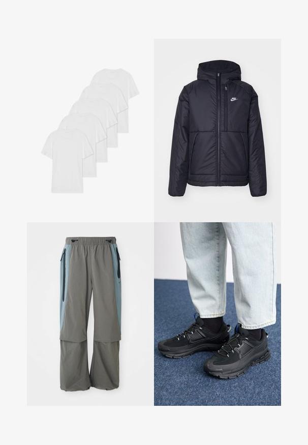 Črna, podložena Nike jakna z sprednjim zadrgo in kapuco. Ima bel logo na levem prsnem delu in dvojna sprednja žepa. Gladka zunanja tekstura.; Šest belih jersey majic s kratkimi rokavi in okroglimi izrezi, razporejenih v vrsto, z gladko teksturo in brez vidnih vzorcev.; Sive hlače za prosti čas z širokimi nogami, z temi temno modrimi stranskimi paneli in z zadrgami pri žepih. Narejene iz lahkega, zračnega materiala.; Črne športne čevlje z teksturirano tkanino in gumijastimi podplati, ki imajo elastične vezalke ter modre poudarke na peti. Nosi se z lahkimi denim hlačami.