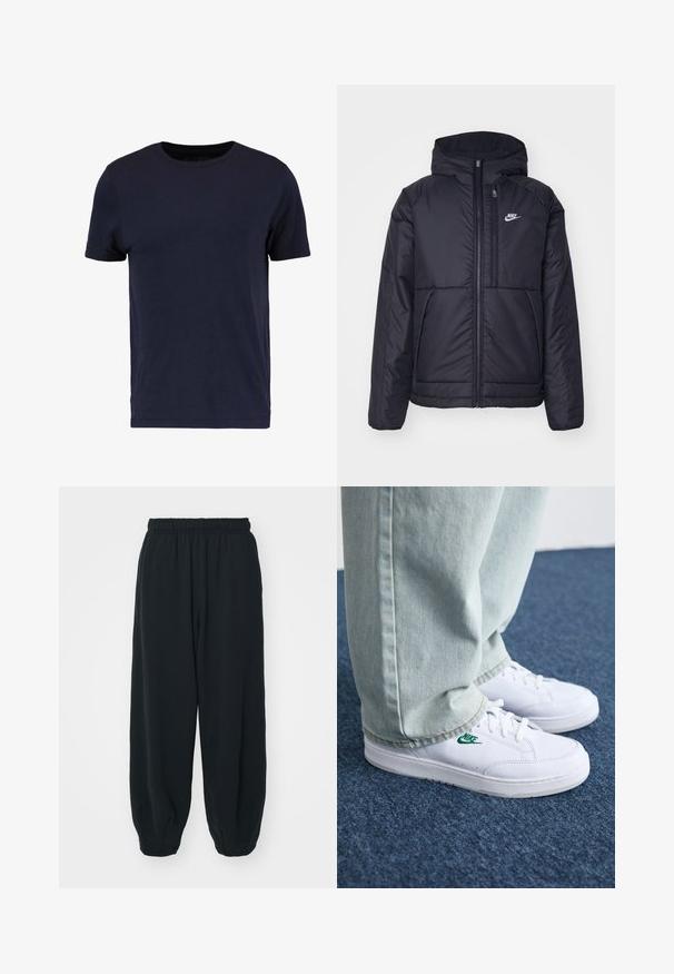 Casaco Nike preto, acolchoado, com fecho à frente e capuz. Apresenta um logo branco no lado esquerdo do peito e dois bolsos frontais. Textura exterior lisa.; Pier One T-shirt básica - dark blue; Calças de fato de treino pretas, com cintura elástica e um corte solto, com punhos nas pernas, textura suave e sem padrões visíveis ou detalhes de metal.; Tênis de couro brancos com logo verde da Nike, bico redondo, sola plana, combinados com calças de denim azul claro, exibidos sobre um tapete azul.