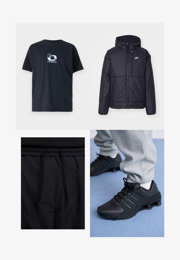 Black, padded Nike jacket with a front zipper and hood. Features a white logo on the left chest and dual front pockets. Smooth exterior texture.; Black cotton T-shirt with short sleeves, featuring a metallic blue logo on the front. Classic crew neck design, smooth texture.; Black shorts featuring a drawstring waistband, lightweight fabric with a smooth texture, and a simple design without visible logos or patterns.; Person wearing black Nike Shox sneakers and gray sweatpants standing on light blue carpet.