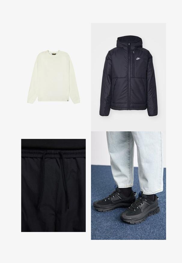 Chaqueta acolchada negra de Nike con cremallera frontal y capucha. Presenta un logo blanco en el lado izquierdo del pecho y dos bolsillos frontales. Textura exterior suave.; Lee WAFFLE TEE - REGULAR FIT - Camiseta de manga larga - ecru; Pantalones cortos negros con cinturilla ajustable, tejido ligero con una textura suave y un diseño sencillo sin logotipos visibles ni patrones.; Zapatillas deportivas negras con tejido texturizado y suelas de goma, con cordones elásticos y un acento azul en el talón. Combinadas con pantalones de mezclilla claros.