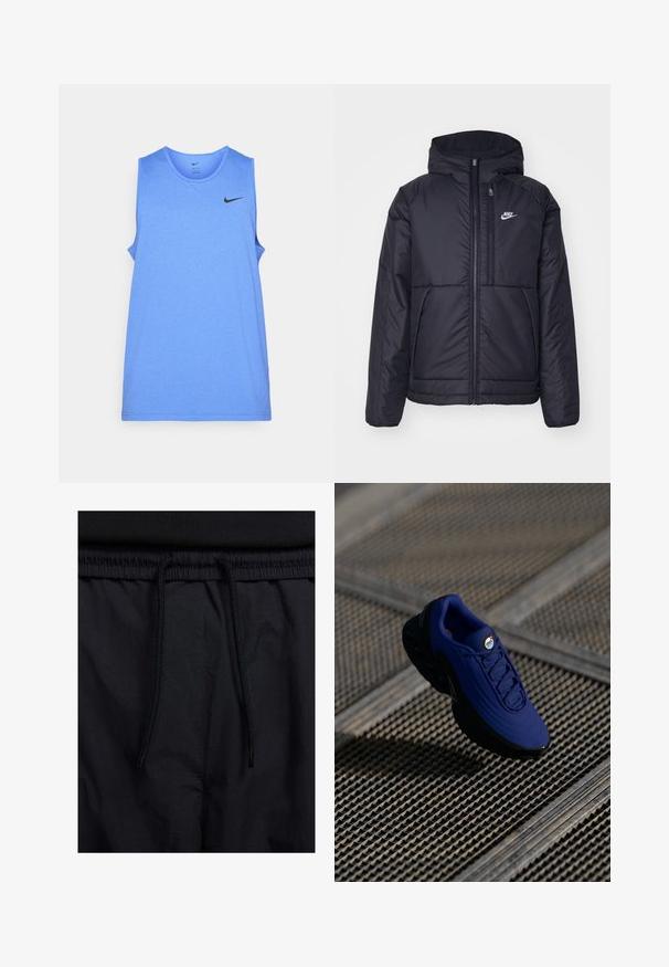 Must musta Nike jope, millel on ees lukuga avamine ja kapuuts. Vasakpoolne rind on kaunistatud valge logoga ning ees on kaks taskut. Sile välimine tekstuur.; Hele sinine ilma varrukateta spordisärk, mis on valmistatud siledast kangast. Omab ümmargust kaelust ja musta Nike logo vasakul ülal.; Mustad lühikesed püksid, millel on paelaga vöökoht, kerge kangas, mis on sileda tekstuuriga ning lihtne disain ilma nähtavate logode või mustriteta.; Sinine sportlik king, millel on tekstuuriga pealisosa, must talla ja paelad. Omab "air" brändingut keeles ning nähtavaid õhu-väljakutse elemente.