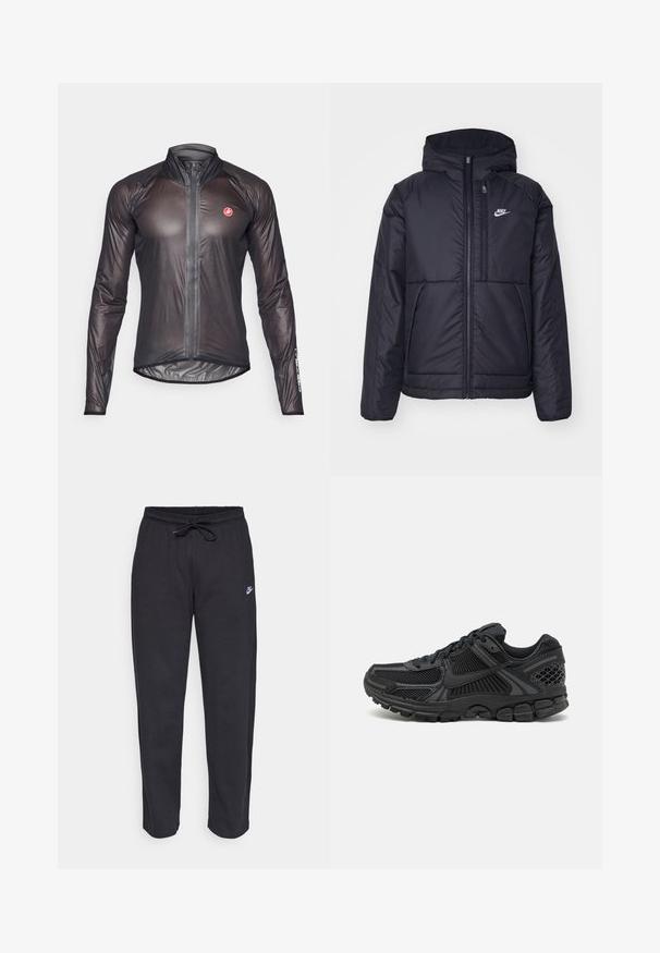 Černá zateplená bunda Nike s předním zipem a kapucí. Na levé straně hrudi má bílé logo a dvojité přední kapsy. Hladký povrch.; Černá cyklistická bunda s dlouhým rukávem vyrobená z lehkého, tenkého materiálu. Obsahuje zip po celé délce a vysoký límec. Logo Castelli na rukávu.; Černé tepláky vyrobené z měkké tkaniny s elastickým pasem, šňůrkou na stažení a malým logem Nike na levém stehně.; Černá sportovní bota s síťovinovým svrškem, gumovou podrážkou a texturovanými akcenty. Design zahrnuje výrazný systém šněrování a polstrovanou podrážku.