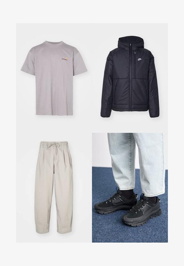 Black, padded Nike jacket with a front zipper and hood. Features a white logo on the left chest and dual front pockets. Smooth exterior texture.; Grey cotton t-shirt with a crew neckline. Features short sleeves and a small embroidered logo in red and yellow on the left chest.; Beige, lightweight trousers with an elastic waistband and drawstring. Features pleats and a loose fit, crafted from soft, smooth fabric.; Black athletic shoes with textured fabric and rubber soles, featuring elastic laces and a blue accent on the heel. Worn with light denim pants.