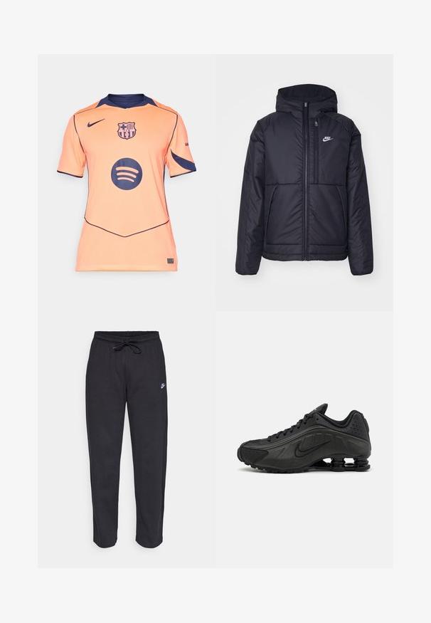 Fekete, párnázott Nike dzseki elülső cipzárral és kapucnival. A bal mellen fehér logó található, valamint két elülső zseb. Simának tűnő külső felület.; Narancssárga, rövid ujjú mez, tengerészkék részletekkel, Barcelona logóval és egy nagy fekete Spotify kör alakú logóval elöl. Strukturált anyag.; Fekete, puha anyagból készült melegítőnadrág, rugalmas derékkal, húzózsinórral és egy kis Nike logóval a bal combján.; Fekete futócipők sima szintetikus felsőrésszel, perforált díszítéssel, texturált oldalsó panelekkel és egyedi ruganyos talppal.