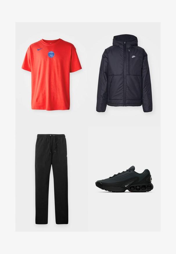 Melna, pufota Nike jaka ar priekšējo rāvējslēdzēju un kapuci. Iezīmēta ar baltu logotipu uz kreisās krūtis un divām priekšējām kabatām. Gluda ārējā tekstūra.; Sarkans kokvilnas T-krekls ar zilu Nike logotipu kreisajā plecā un zilu Parīzes Senžermēnas emblēmu centrā uz krūškurvja. Īsas piedurknes.; Melnas sporta bikses, izgatavotas no flīsa, ar elastīgu jostasviedi un auklām, diviem priekšējiem kabatām un nelielu logo uz augšstilba.; Melnas sporta kurpes ar teksturētu audumu, izliekta forma, izteikts vidusposms un redzamie amortizācijas elementi. Iespējo baltu logotipa detaļu.