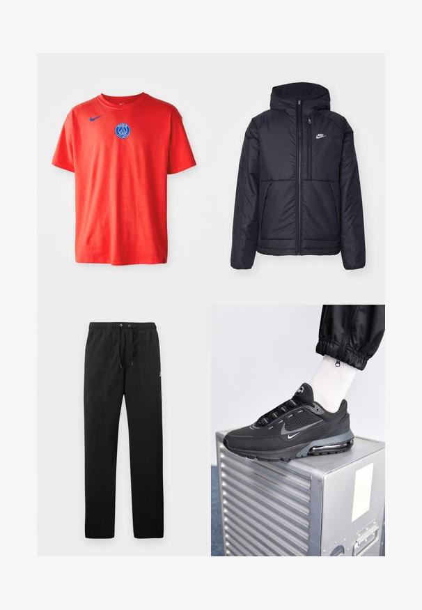 Chaqueta acolchada negra de Nike con cremallera frontal y capucha. Presenta un logo blanco en el lado izquierdo del pecho y dos bolsillos frontales. Textura exterior suave.; Camiseta de algodón roja con un logotipo azul de Nike en el hombro izquierdo y un escudo azul del Paris Saint-Germain en el centro del pecho. Mangas cortas.; Pantalones deportivos negros de felpa, con una cinturilla elástica con cordones, dos bolsillos delanteros y un pequeño logo en el muslo.; Nike Sportswear PULSE - Zapatillas - black/anthracite