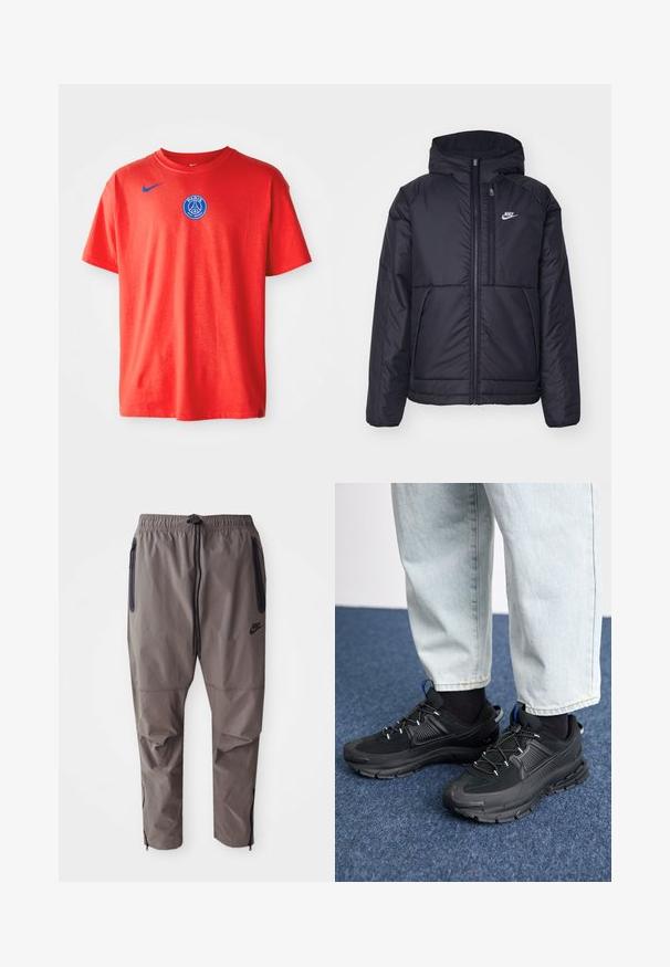 Zwarte, gewatteerde Nike-jas met een voorkant met ritssluiting en capuchon. Kenmerkt zich door een wit logo op de linkerborst en dubbele frontzakken. Gladde buitenkant.; Rode katoenen T-shirt met een blauw Nike-logo op de linkerschouder en een blauw Paris Saint-Germain-embleem op de borst. Korte mouwen.; Grijze Nike broek met een elastische tailleband, trekkoord, zijzakken met ritssluiting en ritssluitingen bij de enkels voor een aanpasbare pasvorm.; Zwarte sportschoenen met gestructureerde stof en rubberen zolen, met elastische veters en een blauwe accent op de hiel. Draag samen met lichte spijkerbroeken.